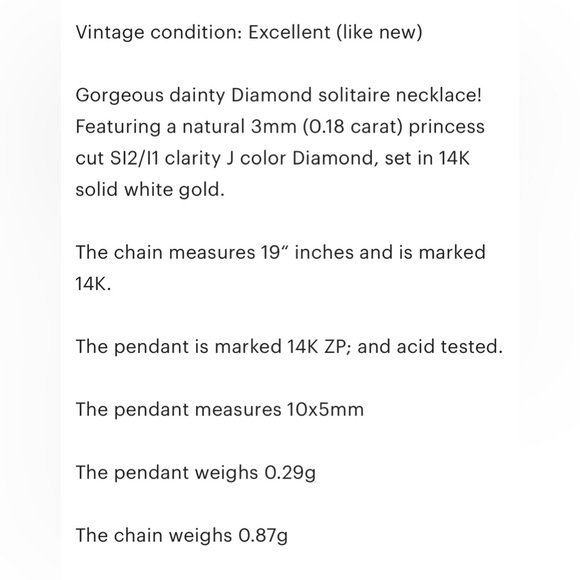 Vintage 14K White Gold Diamond Solitaire Necklace: Princess Cut Dainty Pendant - Picture 11 of 11